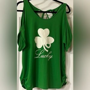Irish Green Lucky Shamrock Cold Shoulder, Scoop Neck, Tie Keyhole Back Tee
